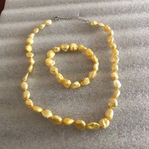 Signed LUC 925 Silver Yellow Blister Pearl Necklace & Stretch Bracelet